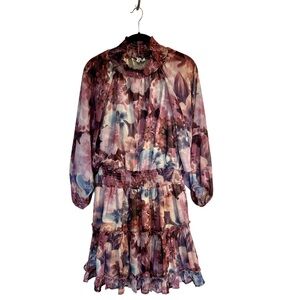 NWT BTFL-Life floral smocked long sleeve flowy tiered mini dress M high neck